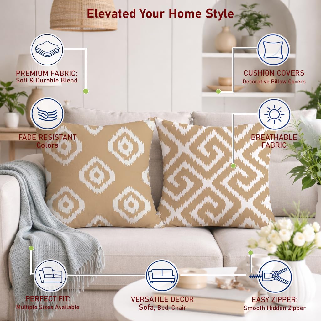 STITCHNEST Set of 2 Polycotton Cushion Covers – 24x24 Inches – Beige & White Ikat Geometric Print – Elegant Cushion Covers for Sofa & Living Room | Perfect for Home Decor