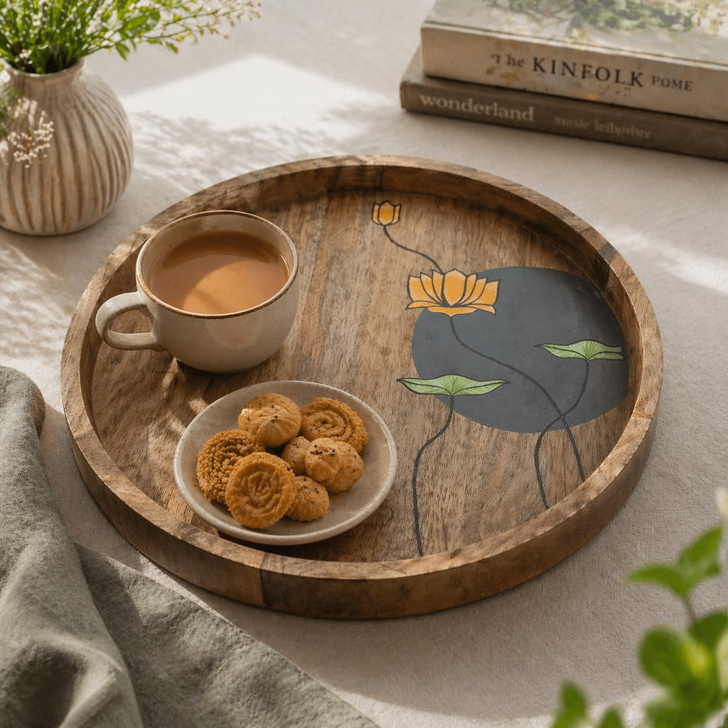 Artysta 'Floating Lotus' Handpainted Wooden Serving Tray for Breakfast | Round Multipurpose Tray with Handles | Decorative Wooden Tray for Kitchen, Fancy Tea Tray for Serving (12 Inch)