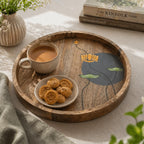 Artysta 'Floating Lotus' Handpainted Wooden Serving Tray for Breakfast | Round Multipurpose Tray with Handles | Decorative Wooden Tray for Kitchen, Fancy Tea Tray for Serving (12 Inch)
