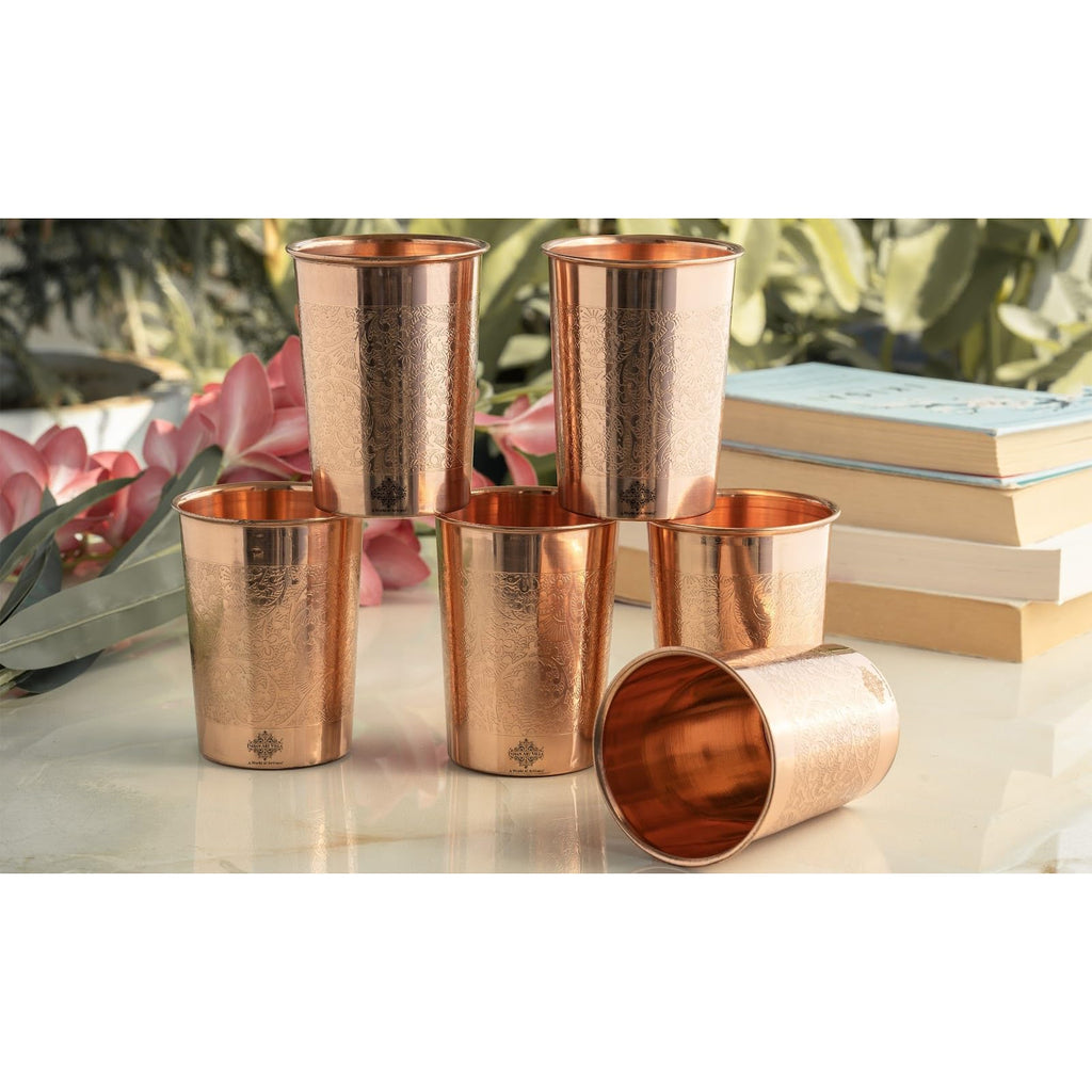 INDIAN ART VILLA Pure Copper Embossed Design Glass - 275 ML, Copper Tumbler for Water Drinking, Elegant Drinkware & Serveware, Perfect for Gifting, Home, and Festive Décor, Set of 6