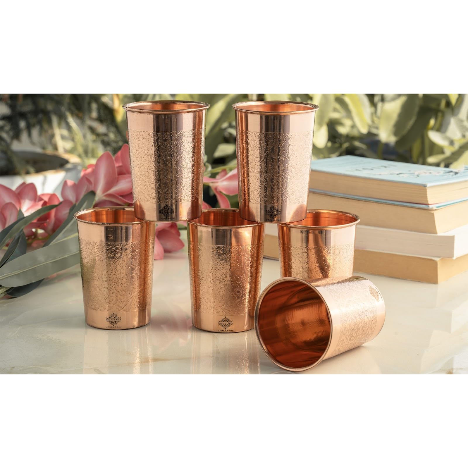 INDIAN ART VILLA Pure Copper Embossed Design Glass - 275 ML, Copper Tumbler for Water Drinking, Elegant Drinkware & Serveware, Perfect for Gifting, Home, and Festive Décor, Set of 6