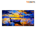 VIBECRAFTS 3 Pieces Sky Sunset And Boat On The Water Canvas Wall Painting Fitted With Wooden Frame For Home | Office | Living Room | Gifts(PTVC3Pcs3_11505)