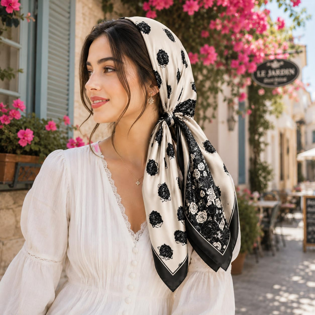 Etietnic Satin Square Head Scarf for Women,ROSE BLACK Printed
