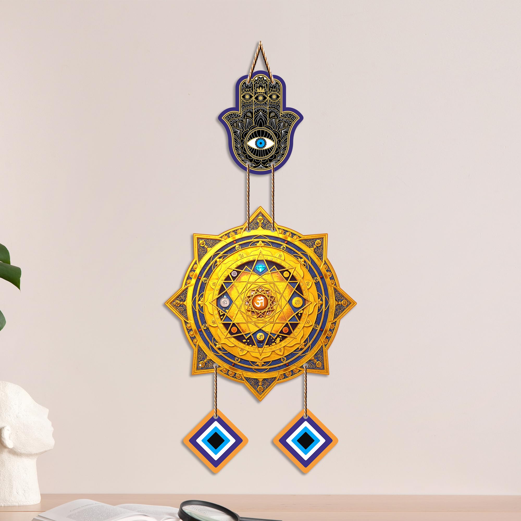 Artvibes Hamsa Hand with Sacred Yantra Evil Eye Wall Hanging | Protective Nazar Battu Decor for Main Door Entrance | Positive Energy Spiritual Accent for Home and Office (WH_85138N)