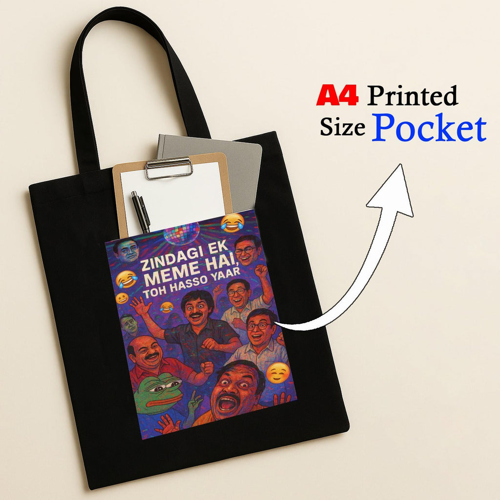 Kirmada Black Cotton Tote Bag | Zindagi Ek Meme Hai Toh Hasso Yaar Design | Funny Desi Meme Tote for College, Shopping & Daily Use | Zipper Closure | Reusable Eco Friendly Gift for Meme Lovers