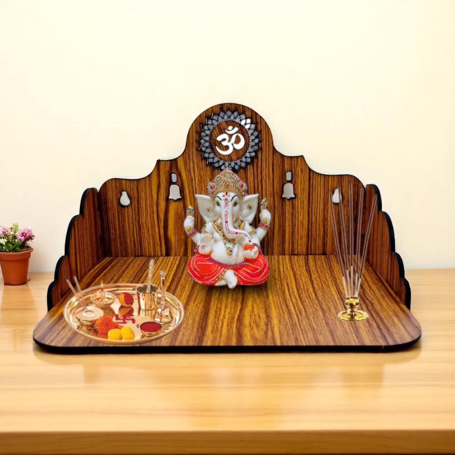 giftingcare Wooden Temple for Home & Office | Wall Mounted & Tabletop Pooja Mandir | Modern Wooden Puja Stand with Drawer | Teak Finish for Pooja Room, Shop & Living Room Decor