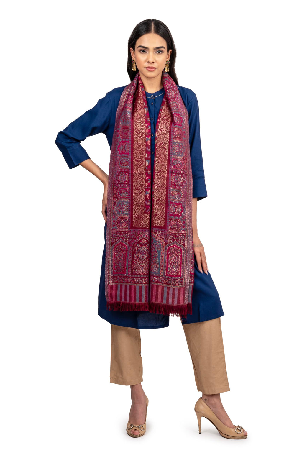 Naureen Women Faux Pashmina Kani Stole with Mughal Artwork and Zari Accents, Warm and Soft, 28x80 inch