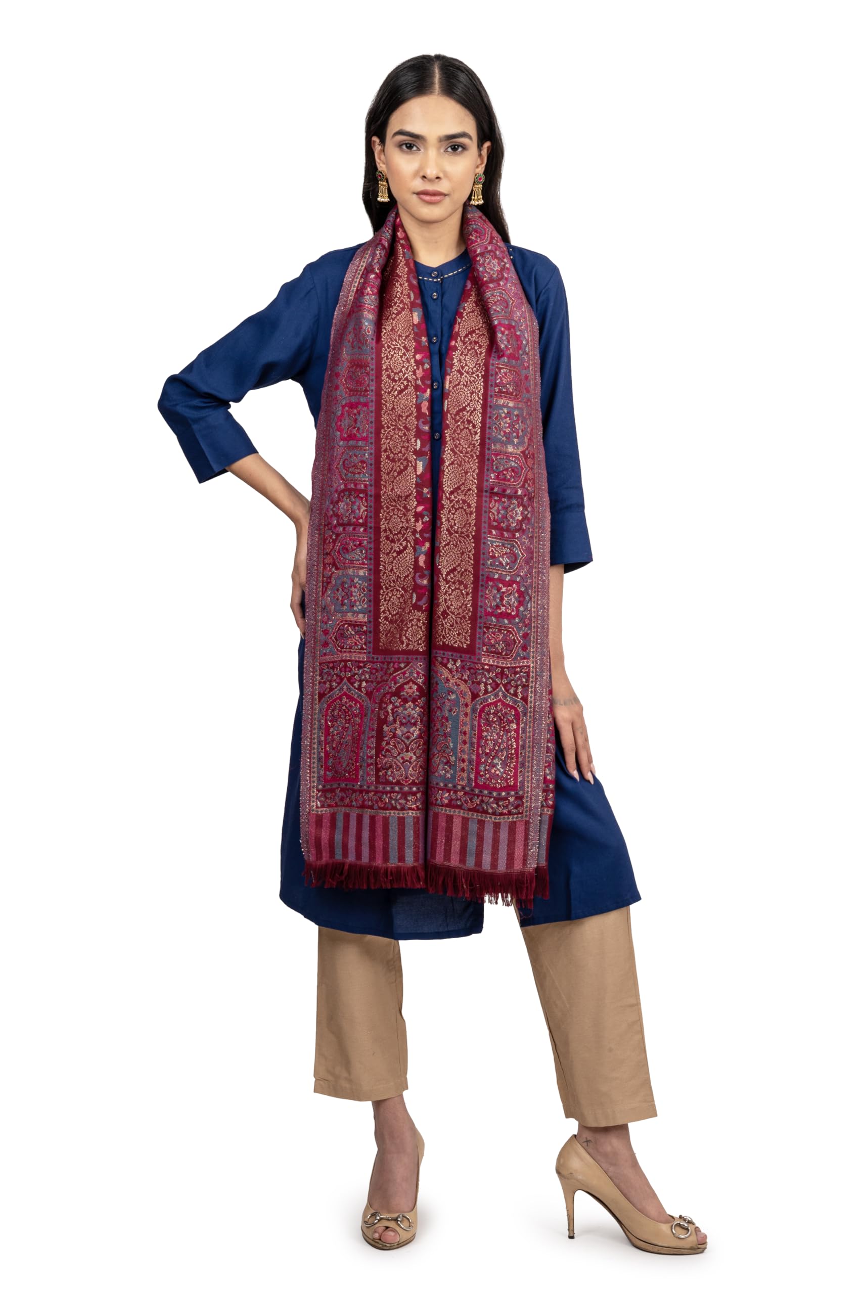 Naureen Women Faux Pashmina Kani Stole with Mughal Artwork and Zari Accents, Warm and Soft, 28x80 inch
