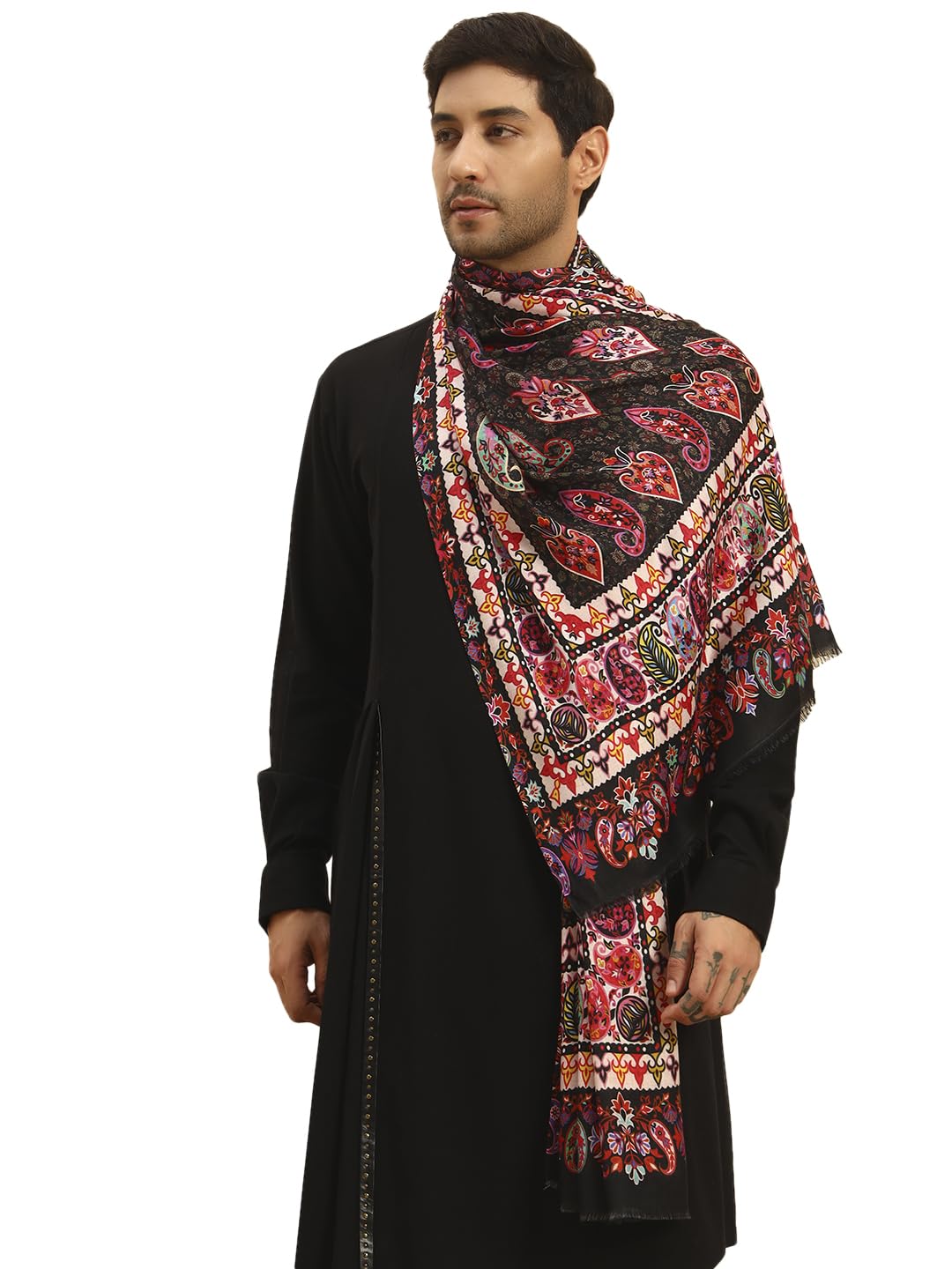 Pashmoda Men Floral Sonata Royal Fine Soft Bamboo Fibre Stole, Multicoloured Design, Evening Wrap, Luxury Pashmina Style Scarf, Wrap (Size 28x80, Black colour) MISST32