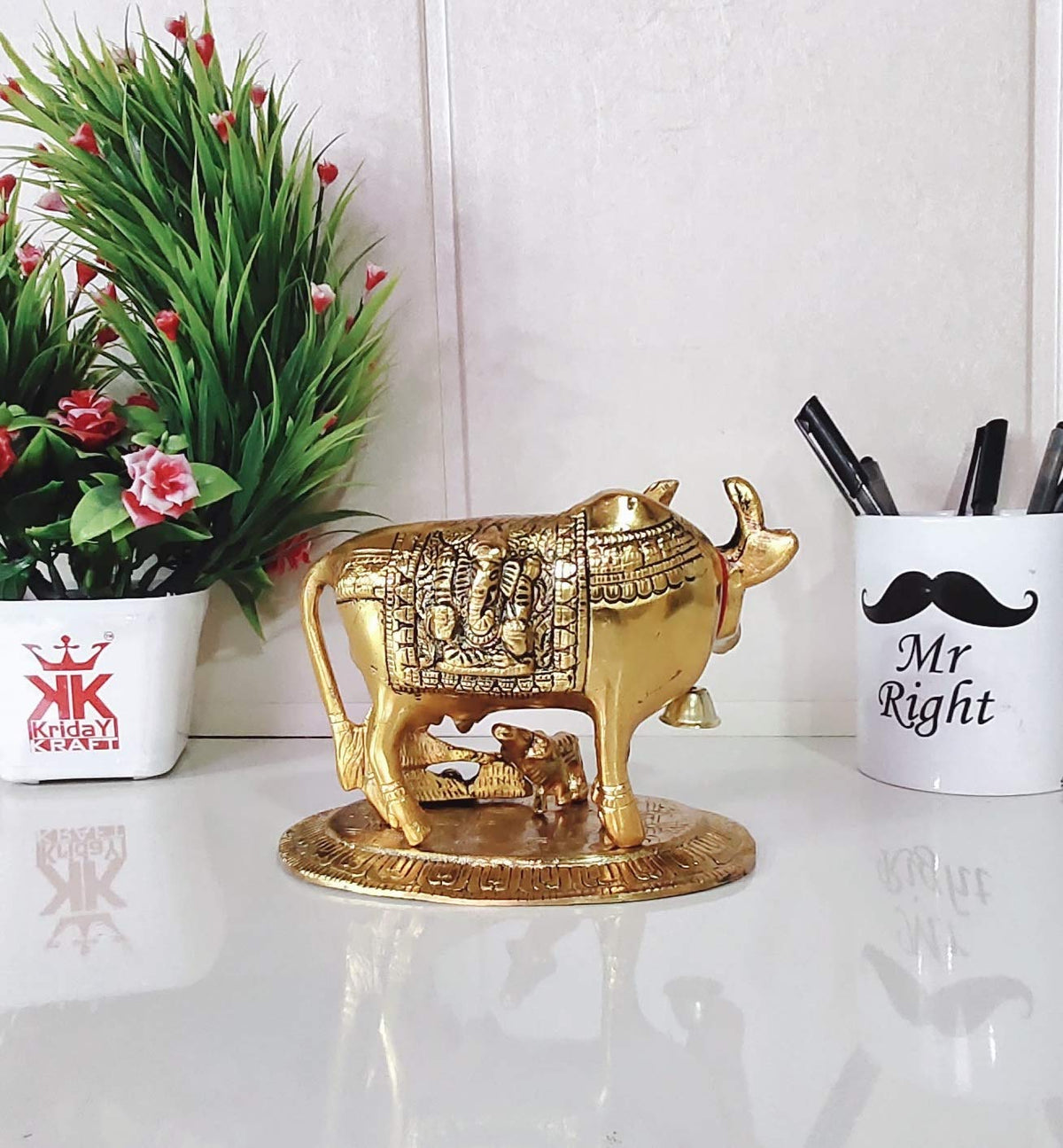 KridayKraft Metal Handicraft Cow,Calf & Krishna Gold Plated Showpiece for Home,Office,Table&Pooja Room.