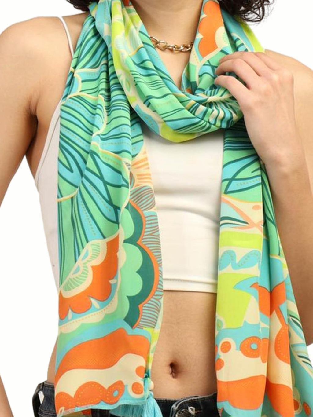 KE KANHA EXPORTS Scarf for Women Boho | Border Print Stylish | Stole for Women Breathable Summer Beach Wrap with Tassels | Multicolour |180 x 50 cm FREE Scrunchie Included