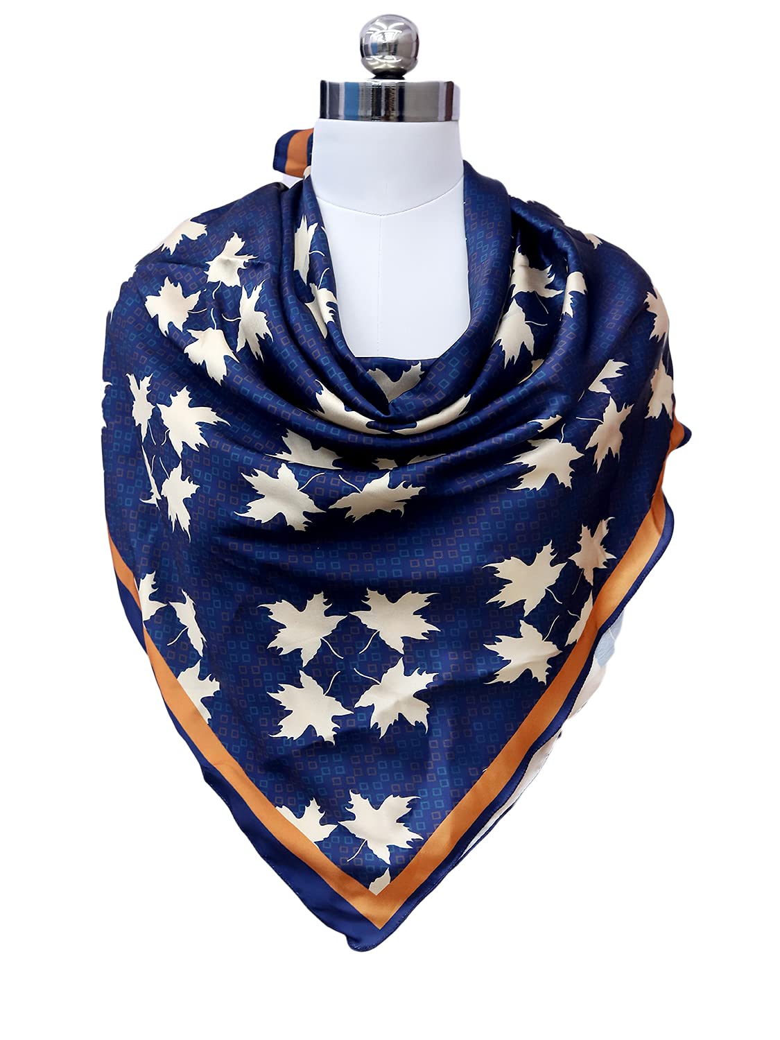 leeza store Women's Silk Scarf For Women, Midnight Navy Blue Digital Printed Maple Leaf Motif, 40X40, Elegant Lightweight Stole