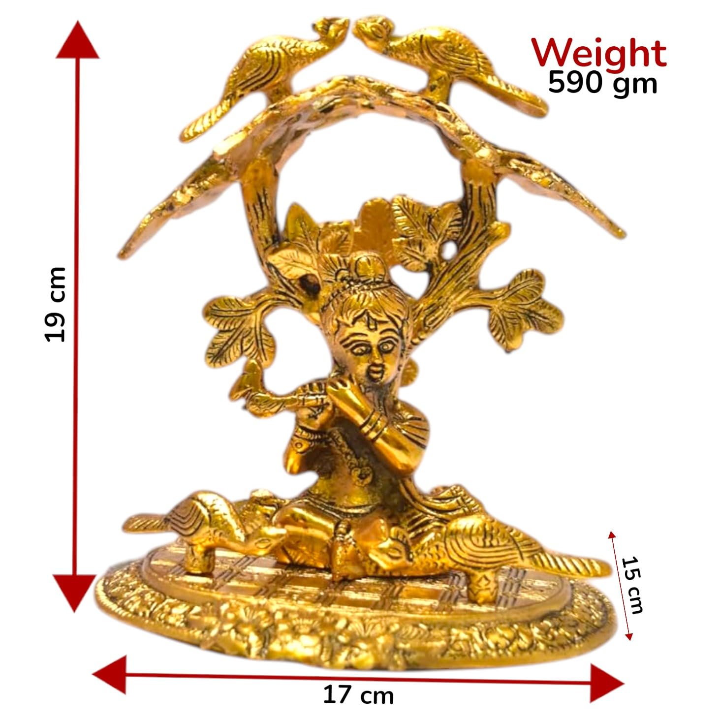 KridayKraft Shri Krishna Sitting Under Tree Laddu Gopal with Playing Flute Metal Statue Showpiece Figurines,Religious Idol Gift Article.