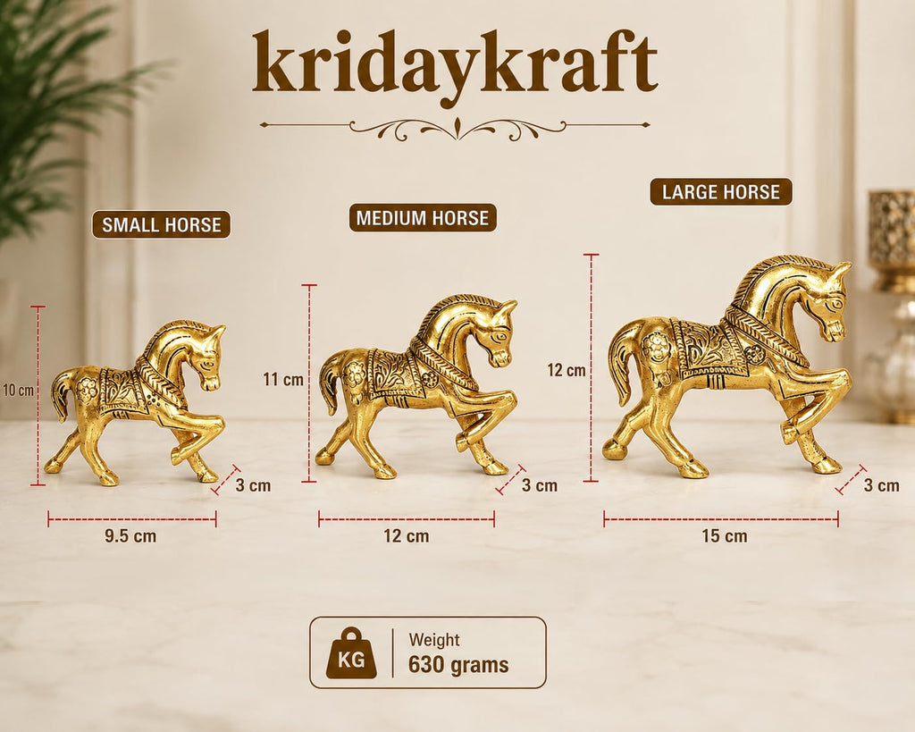 KridayKraft Aluminium Gold Plated Decorative Horse Set of 3 pieces (Standard size, Golden)