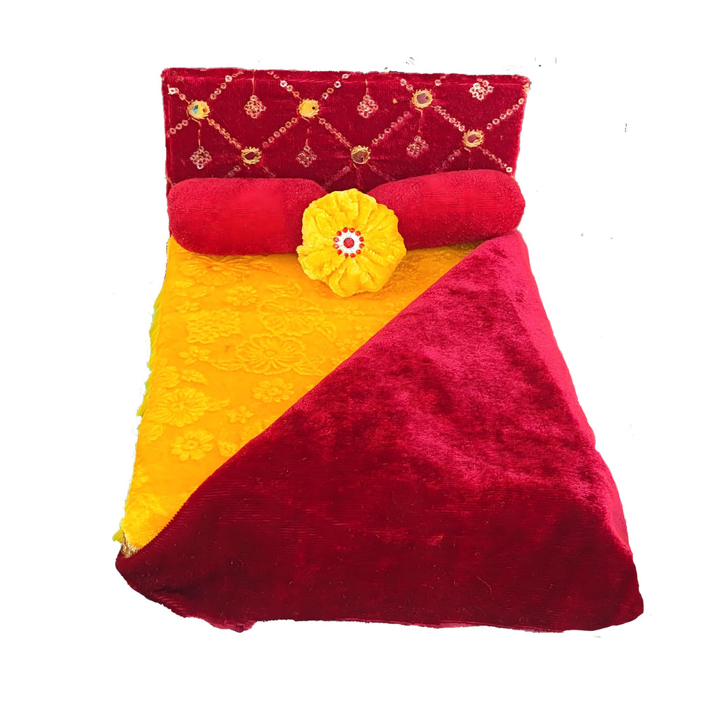 Laddu Gopal Bed Wooden with Blanket and Pillows (Yellow and Maroon) / Thakur Ji Bed/Krishna Ji/Singhasan Super Soft Kanha