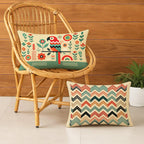 STITCHNEST Printed Satin Cushion Covers Colorful Parrot with Botanical & Geometric Chevron Design, 12x18 Inch, Pack of 2 for Artistic, Playful & Boho Home Styling
