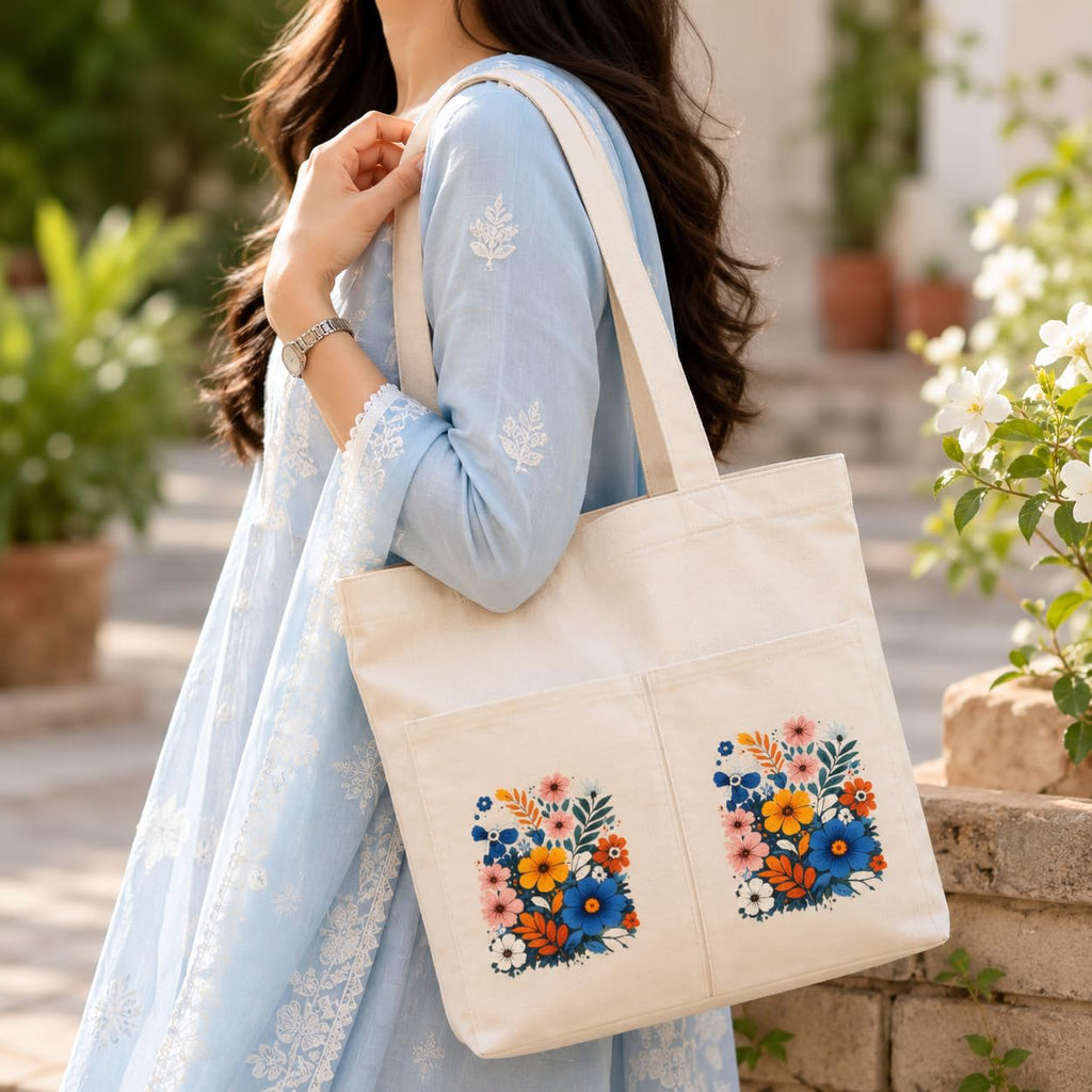 Suryatra Wildflower Bouquet Canvas Tote Bag for Women & Men | Premium Cotton Canvas Shoulder Bag with Dual Front Pockets | Tote Bag for Office, College, Shopping & Travel | Natural | 14 x 16 Inches