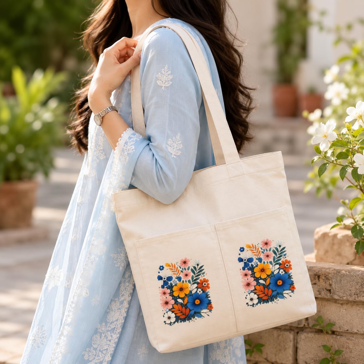 Suryatra Wildflower Bouquet Canvas Tote Bag for Women & Men | Premium Cotton Canvas Shoulder Bag with Dual Front Pockets | Tote Bag for Office, College, Shopping & Travel | Natural | 14 x 16 Inches