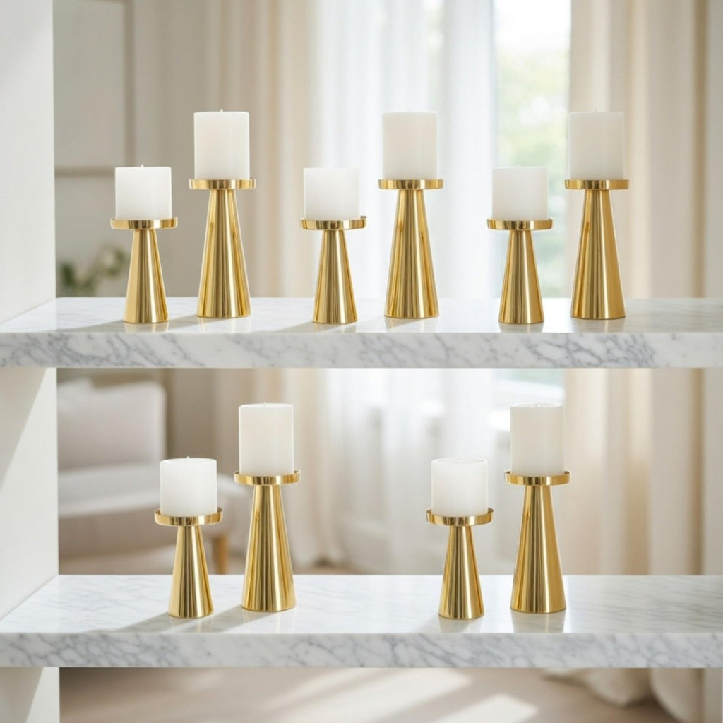 Behoma Handcrafted Gold Metal Pillar Candle Holders Pack of 5 Sets
