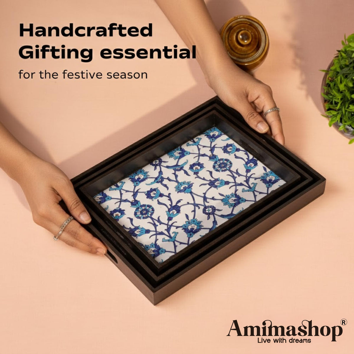 Amimashop® Wooden Serving Tray Set of 3 Premium Blue Floral Design Decorative Trays Home Decor, Tray Set Serving, Tea Trey, Kitchen Organizer Large Medium Small Sizes
