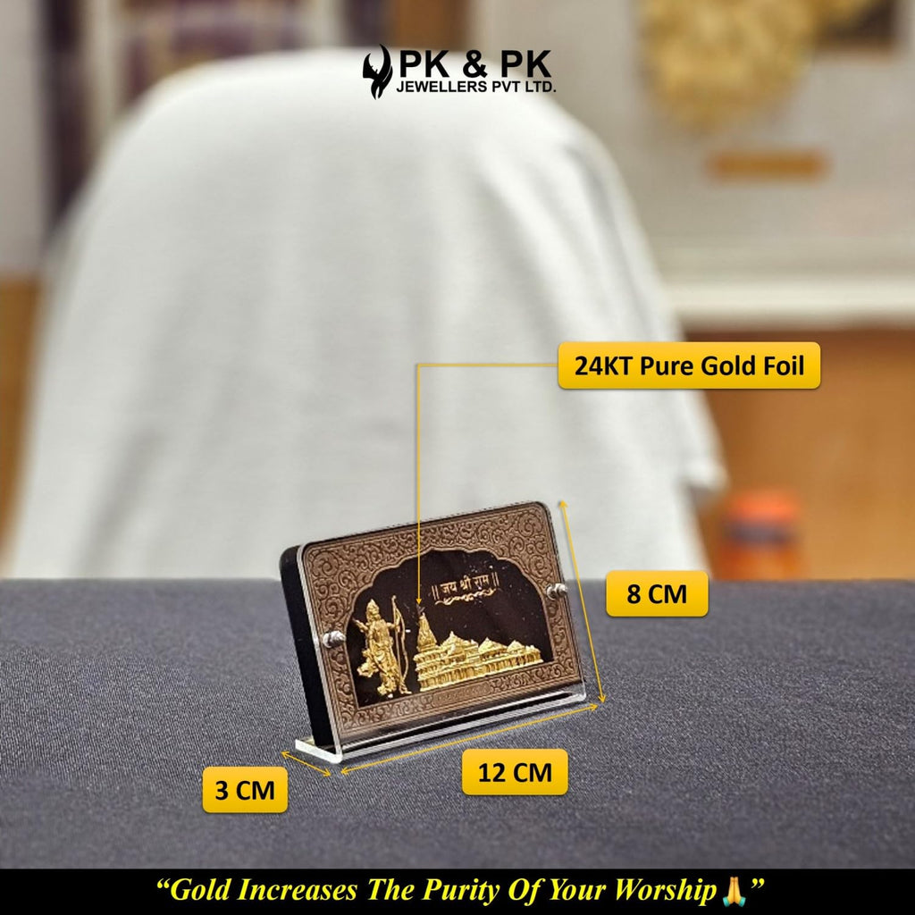 Pk & Pk Jewellers Rectangular Ayodhya Temple With Ram Ji Table Top | 24KT Gold | Tabletop Small Size [12X8 Cm] (For Premium Gift, Office Desk, Car Dashboard, Table Decoration)