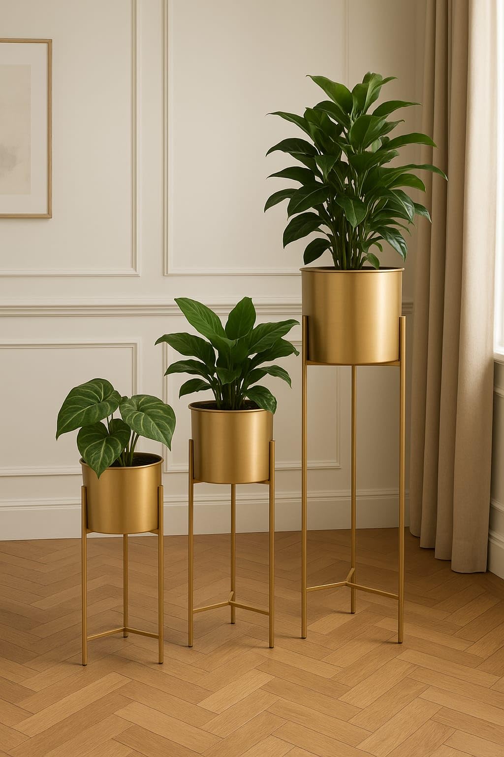 A.M.METAL WORKS Modern Metal Floor Flower Stands Planter for Living Room Bedroom Display Plant Stand Tall Indoor Plant Stand with Planter Pot -Set of 3 gold