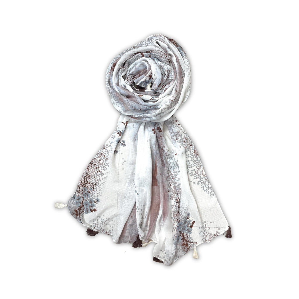 FAHABO Scarf Woman Floral Print Premium Mal Mal Textured Cotton Scarves with Tassels | Hijab Scarf | Headscarf | Neck Scarf | Stoles | Wraps | Size 71 L x 33 W (Elegance Grey, Dark Brown)