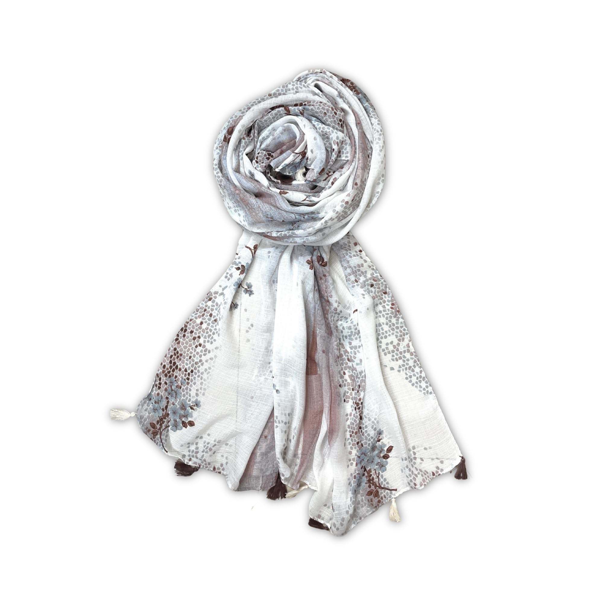 FAHABO Scarf Woman Floral Print Premium Mal Mal Textured Cotton Scarves with Tassels | Hijab Scarf | Headscarf | Neck Scarf | Stoles | Wraps | Size 71 L x 33 W (Elegance Grey, Dark Brown)