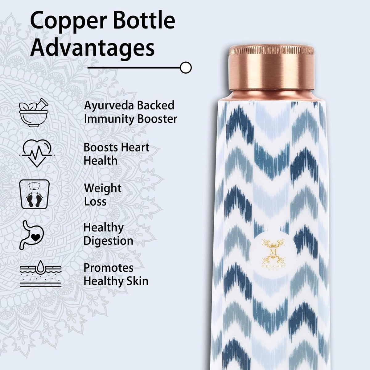 MERCAPE® - Zigzag100% Pure Joint Less Copper Bottles for Water with Leak Proof Lid | Ayurveda BPA Free & Non Toxic | Ayurvedic Office | Gym Yoga Bottle | Bottle for Health Benefits - 900ml
