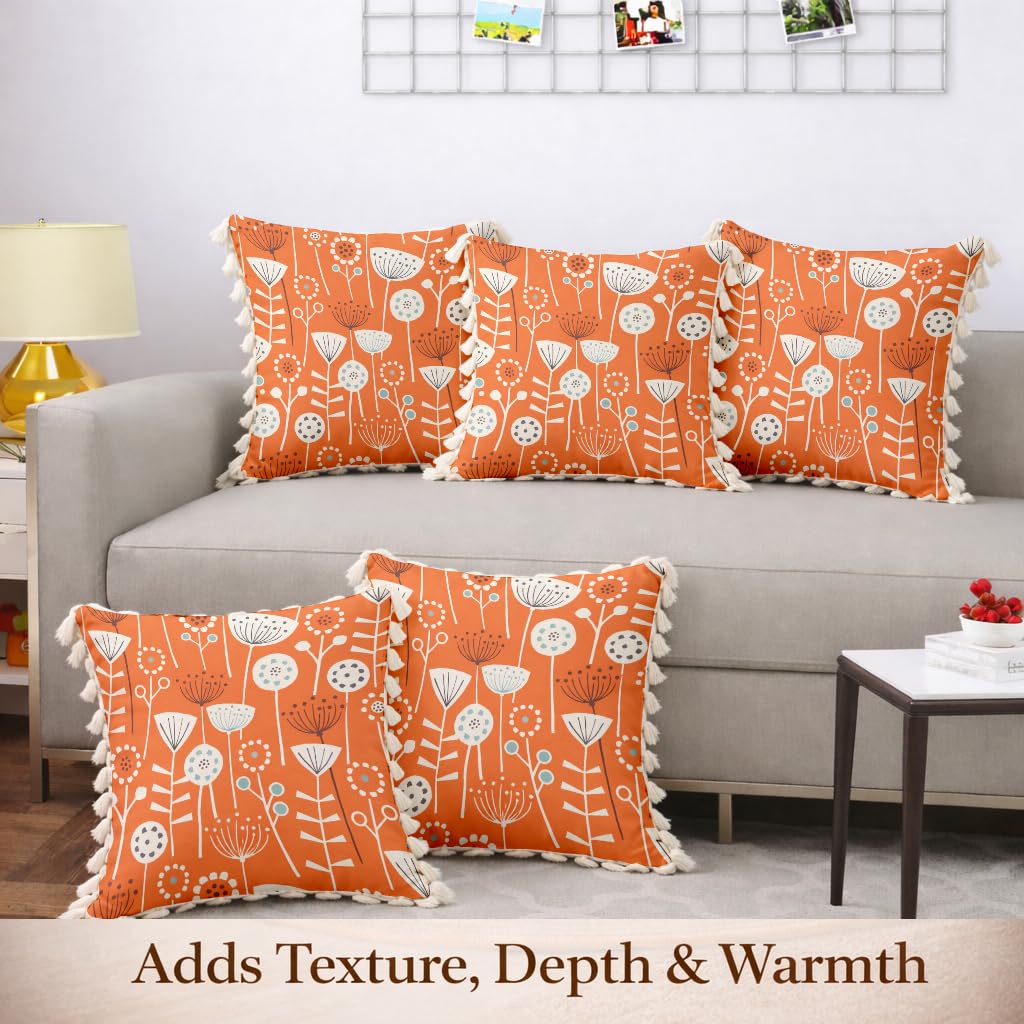 STITCHNEST 'Little Meadow Series' Tassled Cushion Cover | Set of 5 | Floral Cushion Cover 16 inch x 16 inch