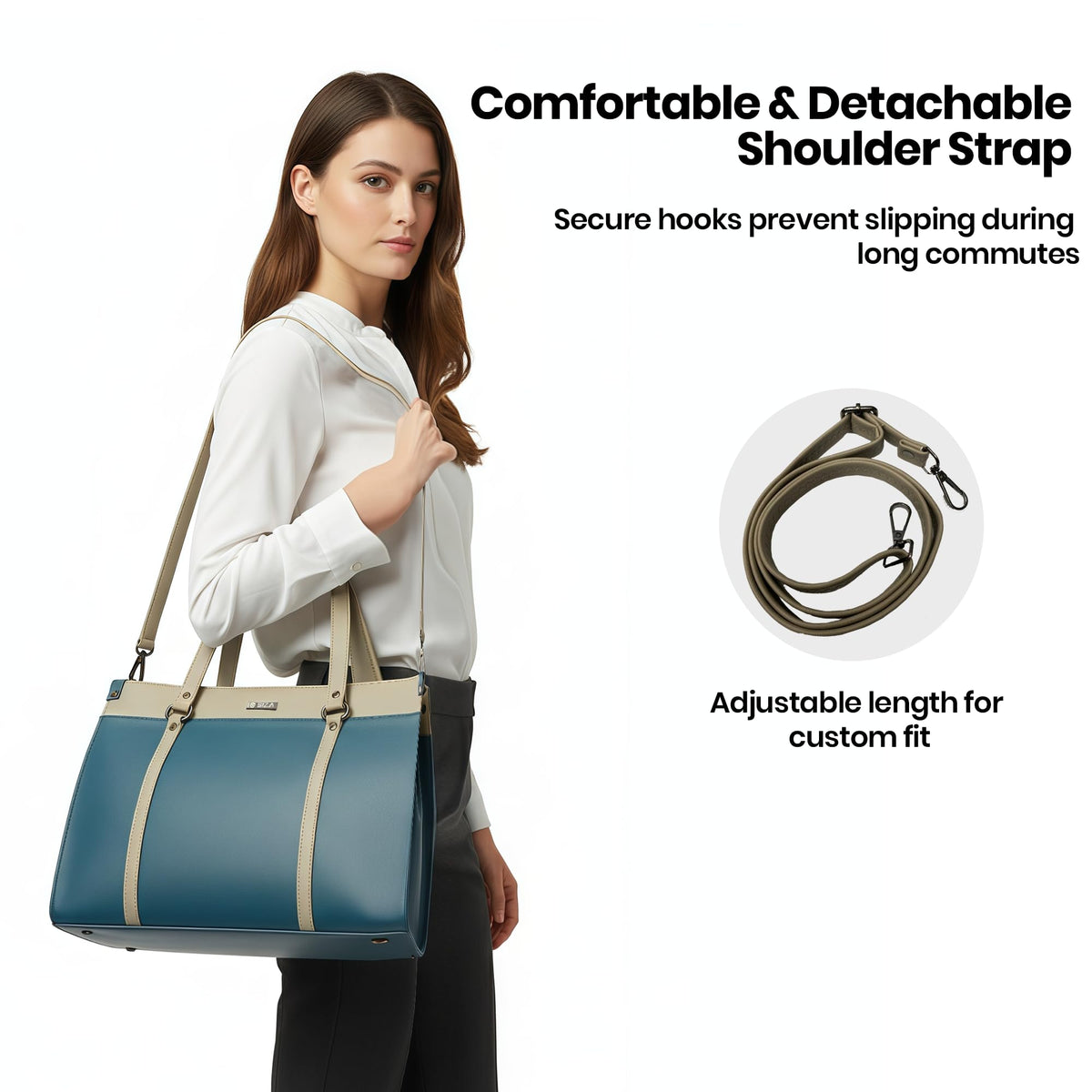 Siza Premium Women Handbag, PU Leather Tote Bag with Sling Strap, Zip Closure Office & Daily Use Shoulder Bag, Dual Handle Large Capacity Work Purse, Teal Blue & Beige