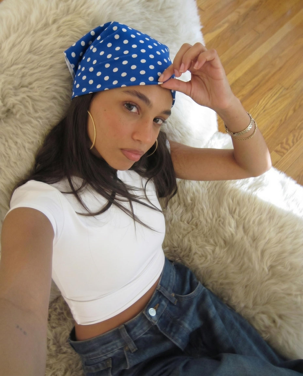 Grey Exim Blue Polka Dot Bandana for Women, Polyester Head Scarf, Stole for Ladies, 50x50 CM, Trendy Neck Scarf