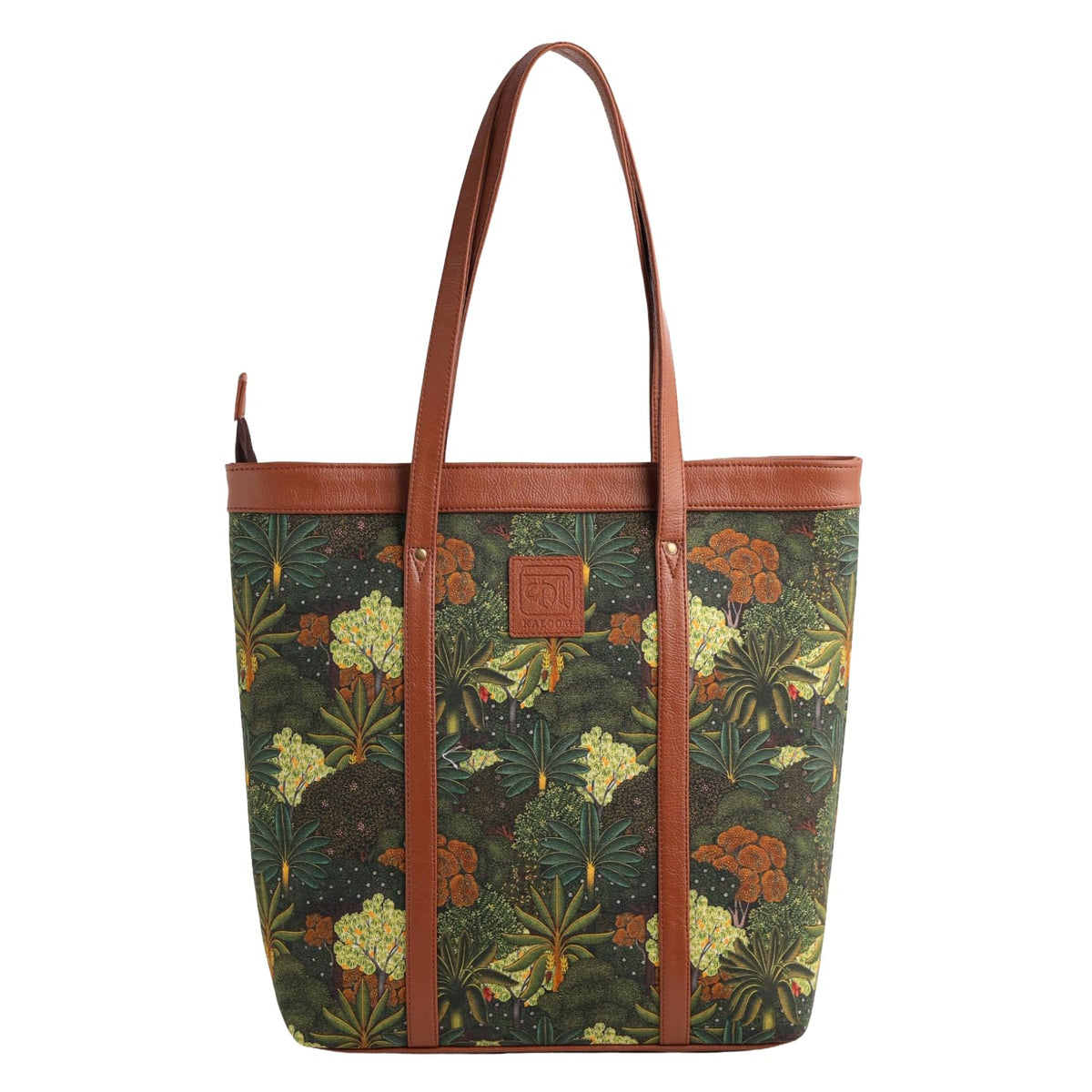 KALOOM Women’s Tote Bag with Zip Closure | Cotton Canvas & Vegan Leather Shoulder Bag | Spacious Printed Handbag with Outer Pocket for Office, Travel & Daily Use (Green)