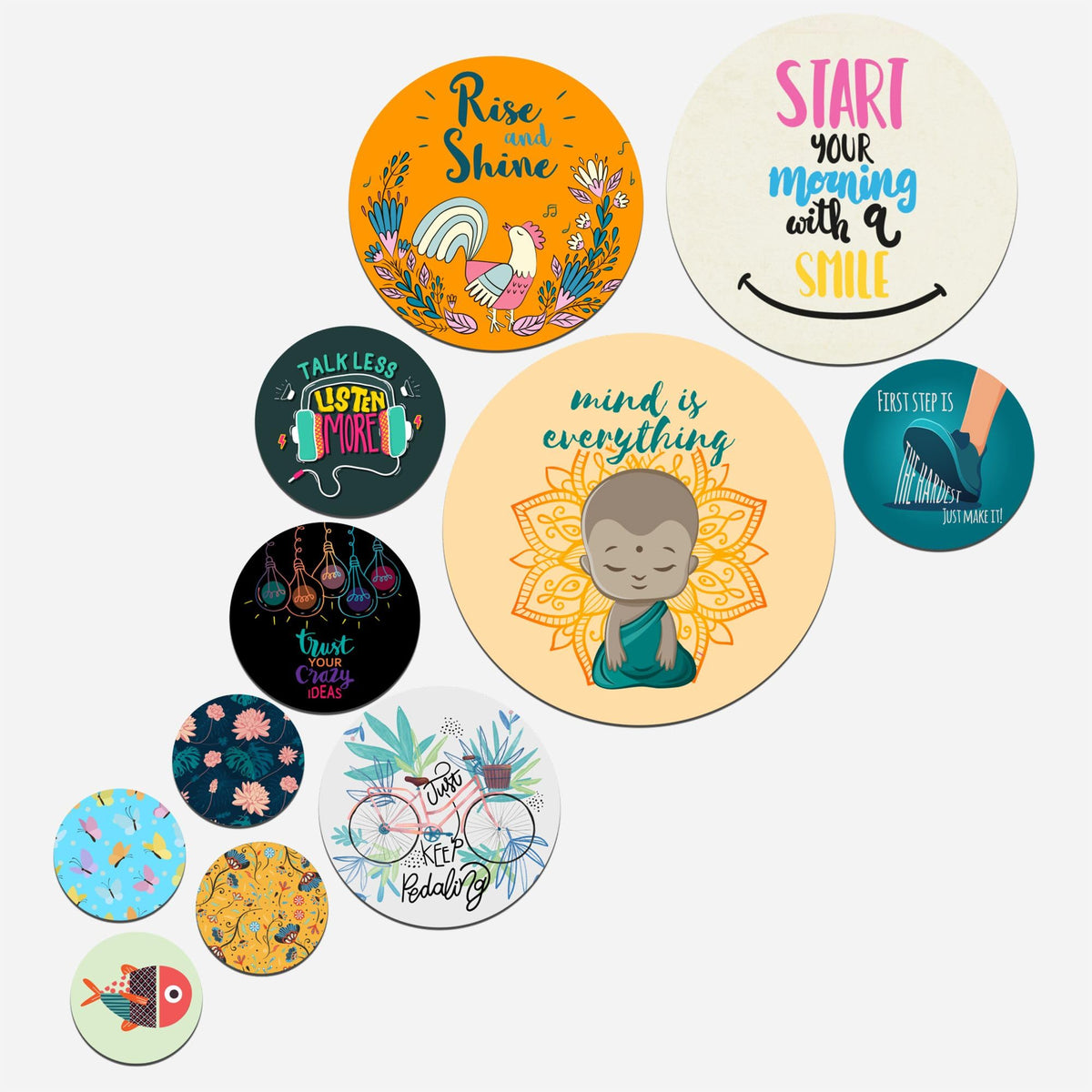 Artvibes Start Your Morning With A Smile Decorative Round Shape MDF Wooden Wall Hanging | Quotes Decor Item | Wall Poster | Office Decor | Mdf Wall Decoration | Gift Items (WPS_113N), Set of 11