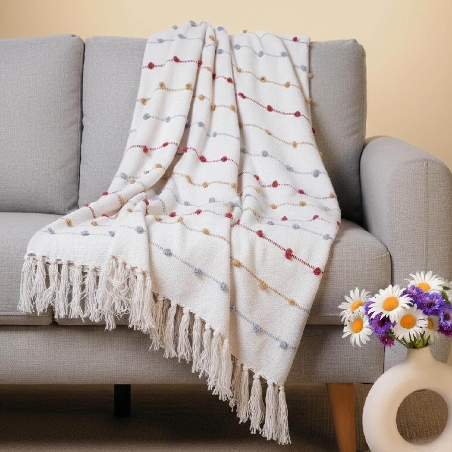 Tarantaran Home Hand-Knitted 100% Cotton Sofa Throw Blanket for Sofa, Bed, Couch, Chair & Travel | All-Season | 80×52 Inches (204×132 cm) | Beige Multi Kafalo