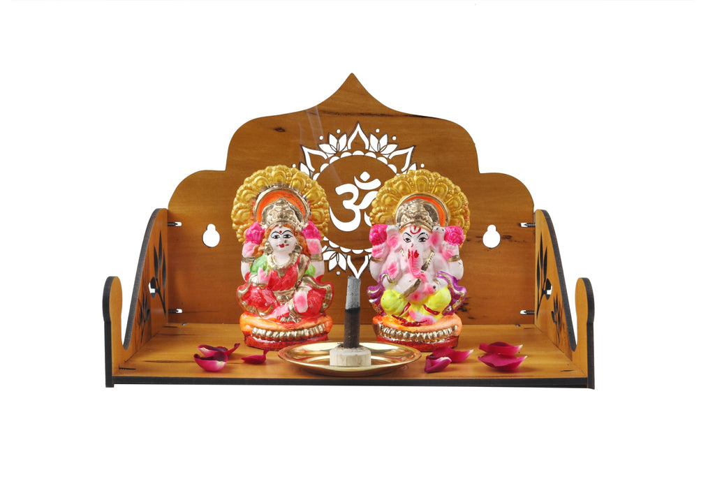 EXPRO Wooden Wall Mounted Pooja Mandir for Home & Office, Wooden Temple for Home Decor Hanging Pooja Stand for Idols | Height 15 | OM Design 1 | DIY (Do-It-Yourself)