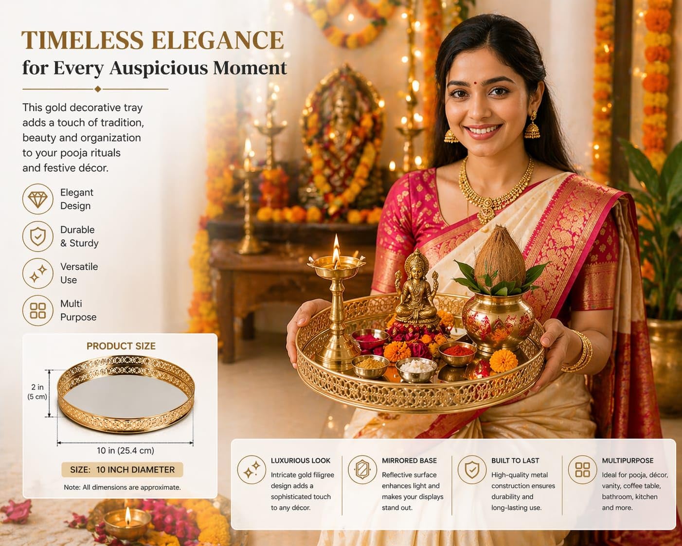 Craft Brio -A TRENDY HANDICRAFTS Round Decorative Mirror Tray 10 inches Dia Gold Plated Round Decorative Glass Mirror for Weeding and Pooja Diwali Gifting (10 X 10 X 2 Inches)