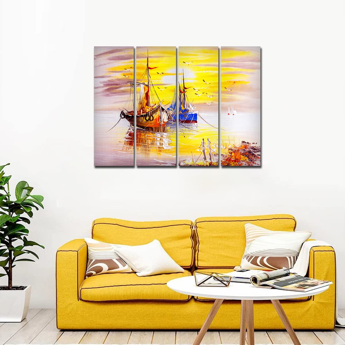 VIBECRAFTS Colorful Boats 4 Pieces Canvas Wall Painting Fitted With Wooden Frame For Home | Office | Living Room | Gifts (PTVC4Pcs1_13501)