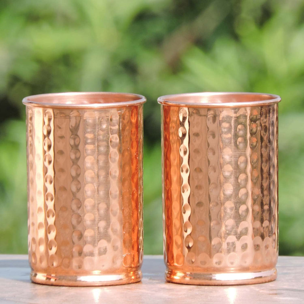 HEALTHANDWEALTH Set of 2 Hand Crafted Hammered Copper Tumbler | Pure Copper Water Mug | 350 Ml for Ayurvedic Health Benifits