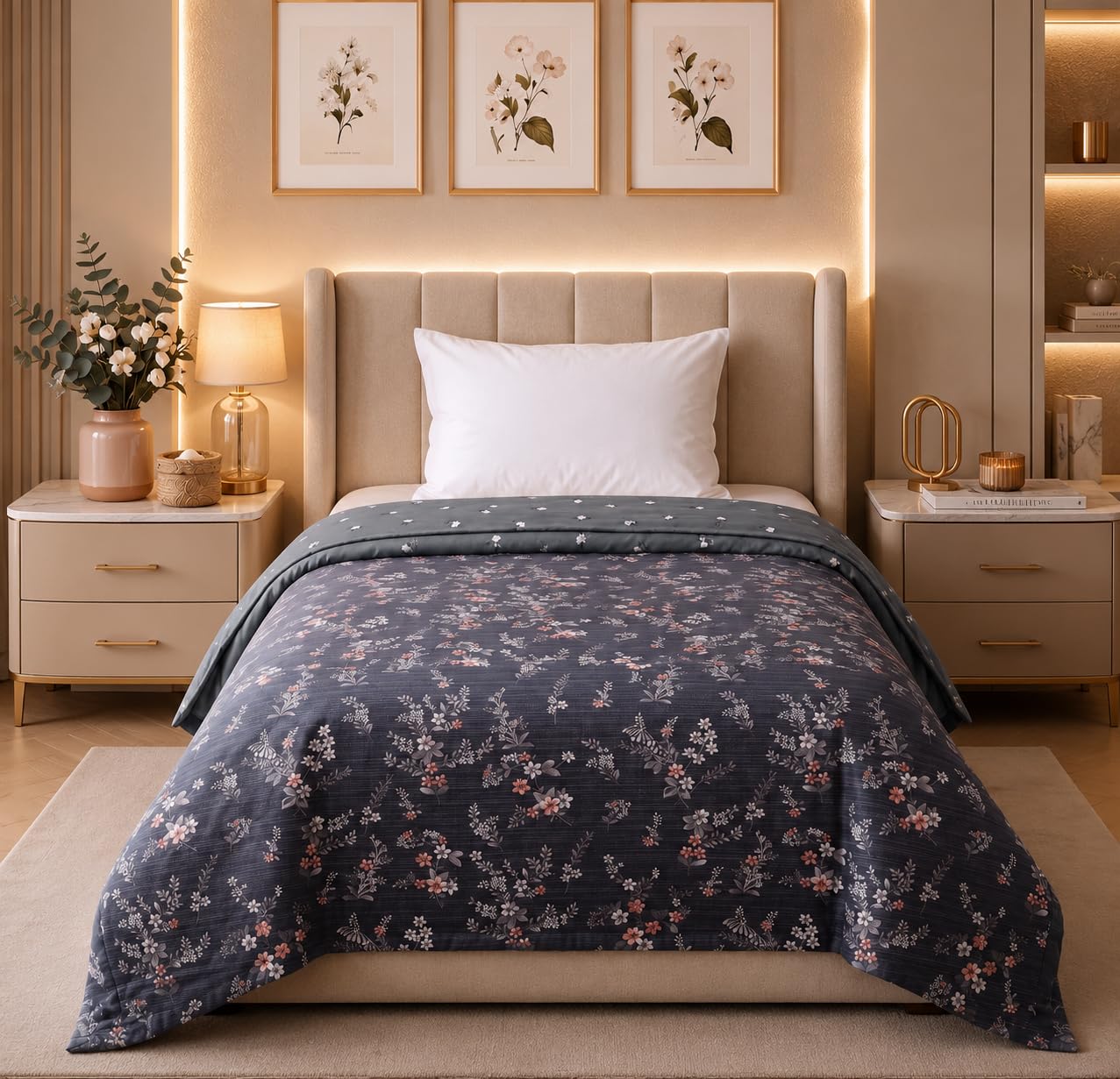 BSB HOME Cotton Dohar for Single Bed, Lightweight AC Dohar Blanket, Soft Breathable Fabric, All-Season Comfort, Easy Care – 58 x 88 Inches (147 x 224 cm) (Navy Blue & Grey) Kafalo
