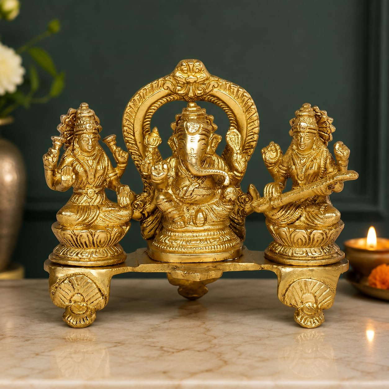 ARTVARKO Pure Brass Lakshmi Ganesha Saraswati Idol Ganesh laxmi Sarasvati Murti Statue for Diwali Puja Home Decor Good Luck Gift 6.5 Inches