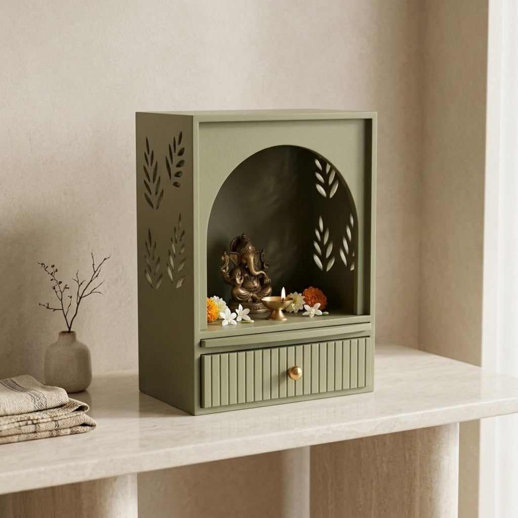 Home Sparkle Wooden Temple for Home | Premium MDF Pooja Mandir with Paint Finish | Modern Tabletop Mandir with Storage Drawer, Spacious Prayer Shelf | Reed Green