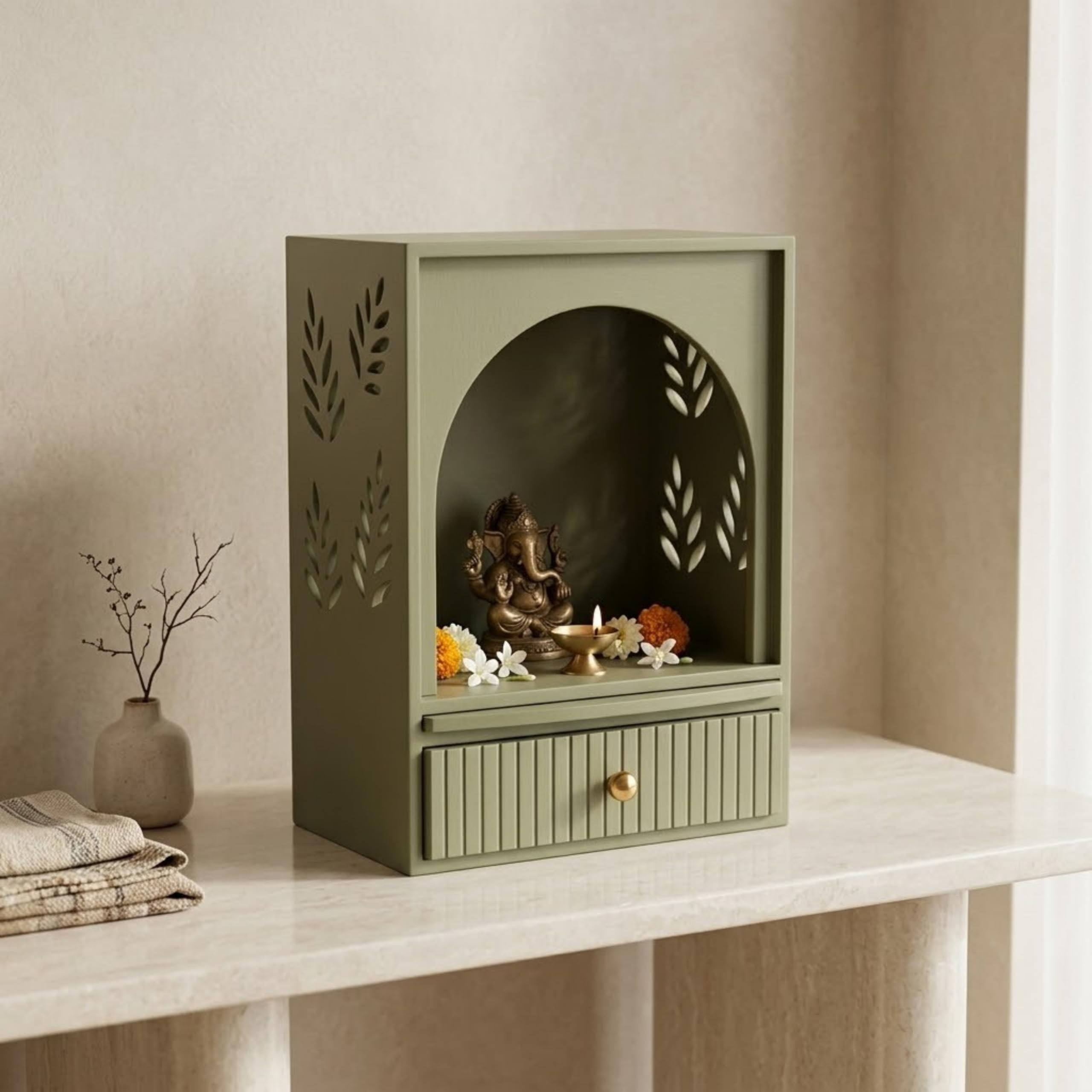 Home Sparkle Wooden Temple for Home | Premium MDF Pooja Mandir with Paint Finish | Modern Tabletop Mandir with Storage Drawer, Spacious Prayer Shelf | Reed Green