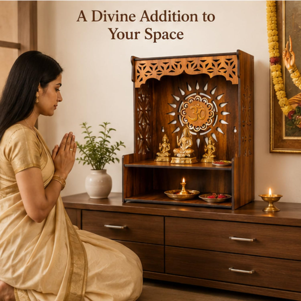 Shubharambh Wooden Temple for Home Pooja | Premium Engineered Wood Mandir with Om Laser Cut Design | Wall Mounted & Tabletop Puja Mandir | Decorative Wooden Temple for Home, Office (15 Inch)