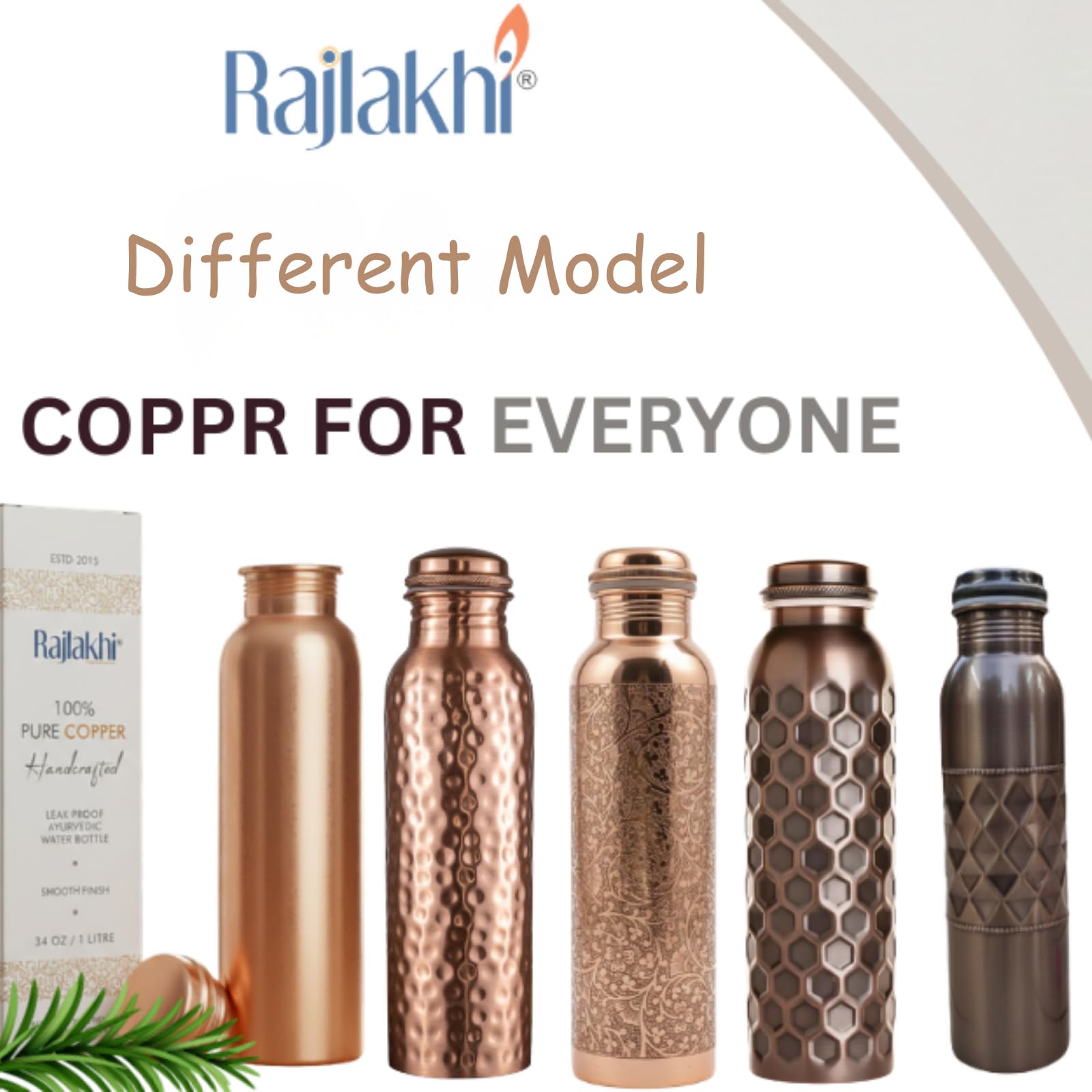 Rajlakhi Copper Water Bottle 1 Ltr Pure Ayurvedic Copper Bottle for Drinking Water | Copper Bottle 1 Ltr Leak Proof Design | Tamba Pot, Pure Tambe Ka Metal Bottles for School Kids & Women Daily Use.
