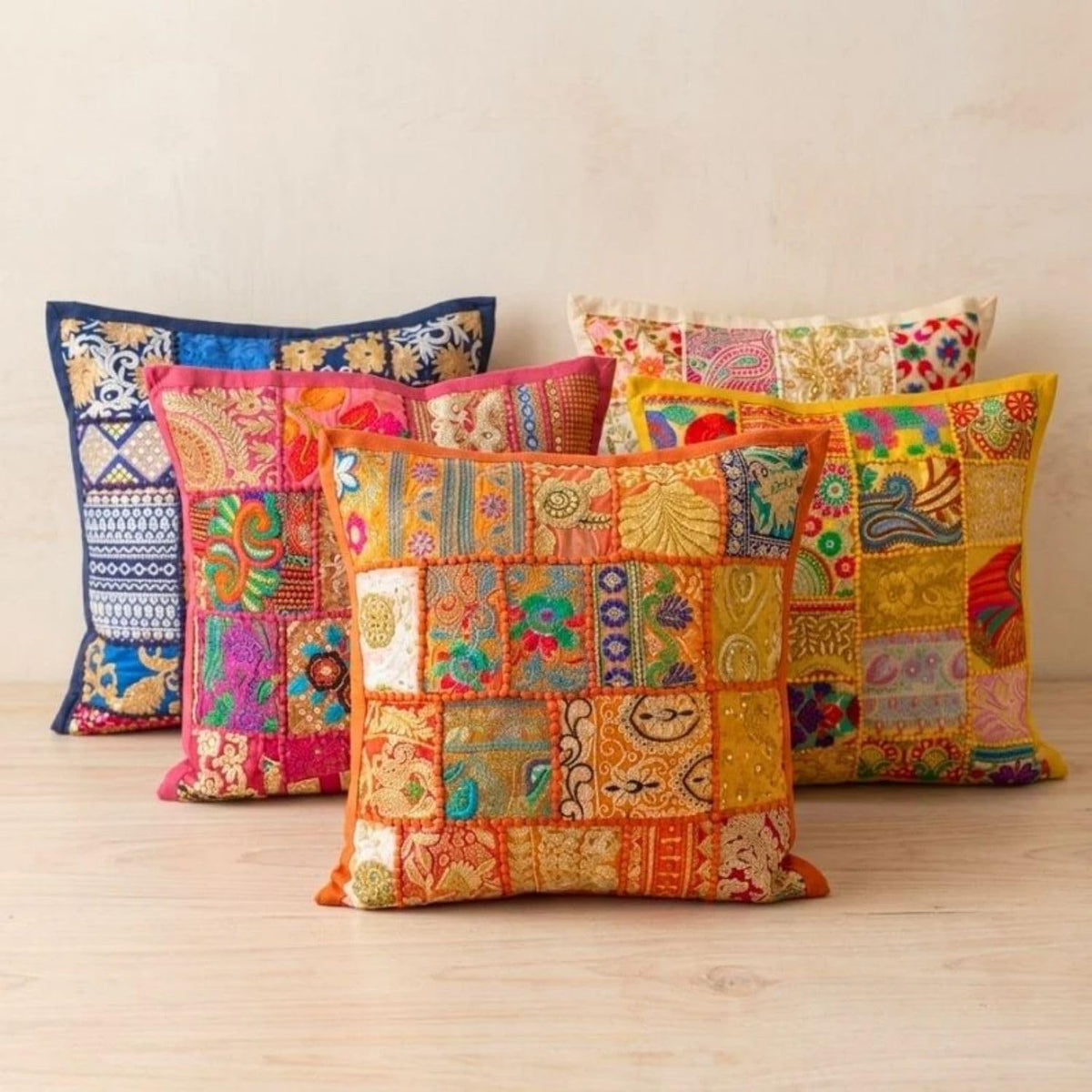 ATRANGI STUDIO Patchwork Cushion Covers - Set of 5 | Assorted Handcrafted Khambadiya Patchwork | Rajasthani Art Pillow Cover | Ethnic Cushion Covers for Sofa, Bed & Home Decor | 16x16 Inch, Multicolor