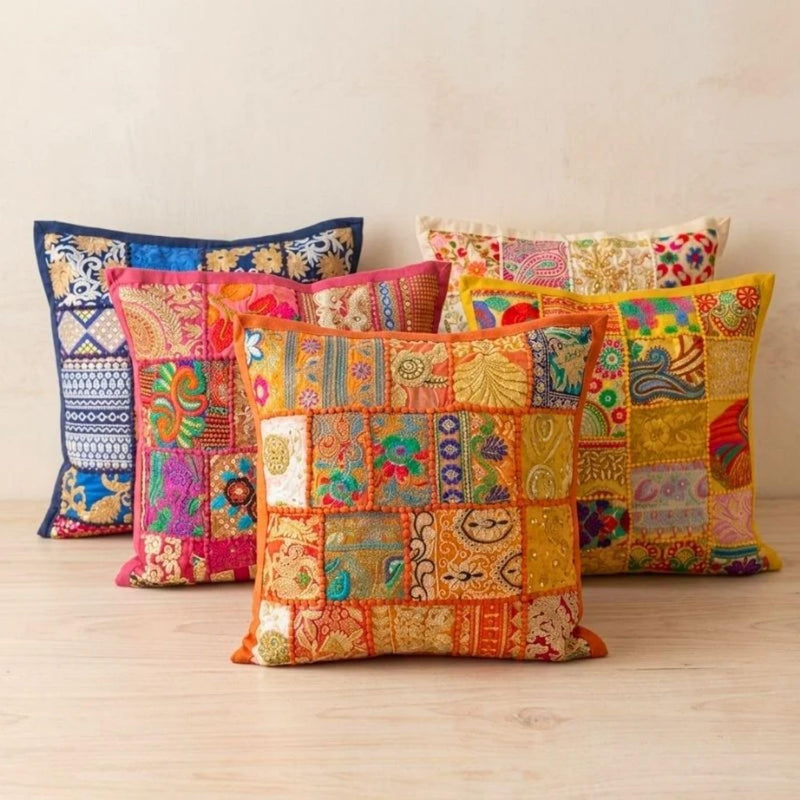 ATRANGI STUDIO Patchwork Cushion Covers - Set of 5 | Assorted Handcrafted Khambadiya Patchwork | Rajasthani Art Pillow Cover | Ethnic Cushion Covers for Sofa, Bed & Home Decor | 16x16 Inch, Multicolor