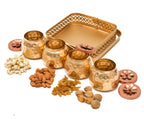 Sanvatsar Square Shape Metal Basket with Jar Tray 4 Copper Flower Container Dry Fruits Chocolate Sweets Candys Gifts Set for Office, Home Decor Table Decoration Item (Square)