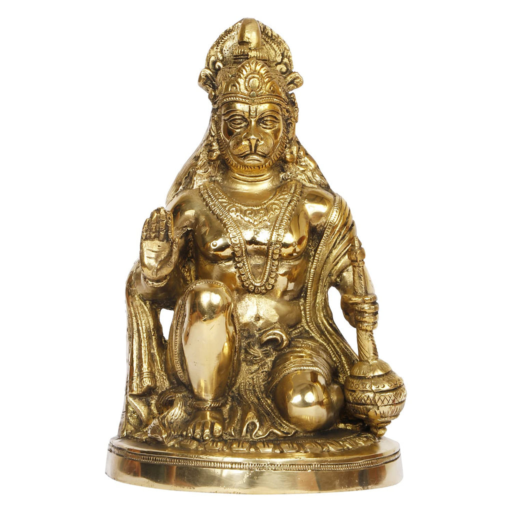 ARTVARKO Brass Hanuman Ji Murti in Blessing Posture Sitting on Statue Idol Home Office Decor God Bajrangbali Bhagwan Sankat Mochan for Entrance Temple Mandir Pooja Puja 9.5 Inch