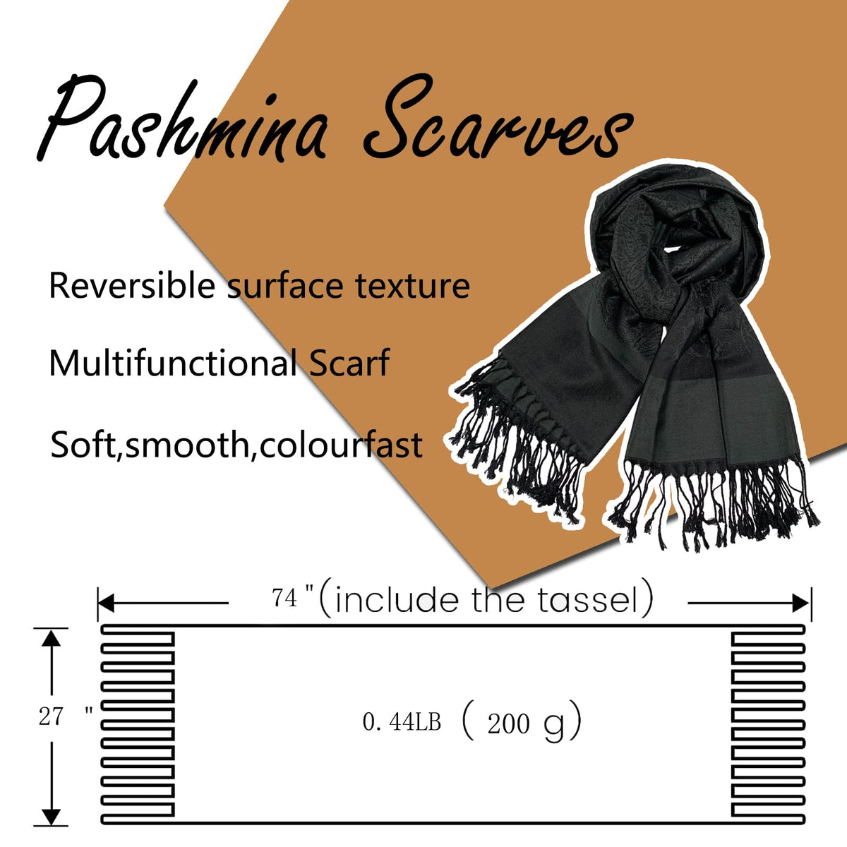 Wendyfull - Two tone cashmere silky shawl for women, jacquard pashmina scarf for women, soft rave scarf, Black, Average Size